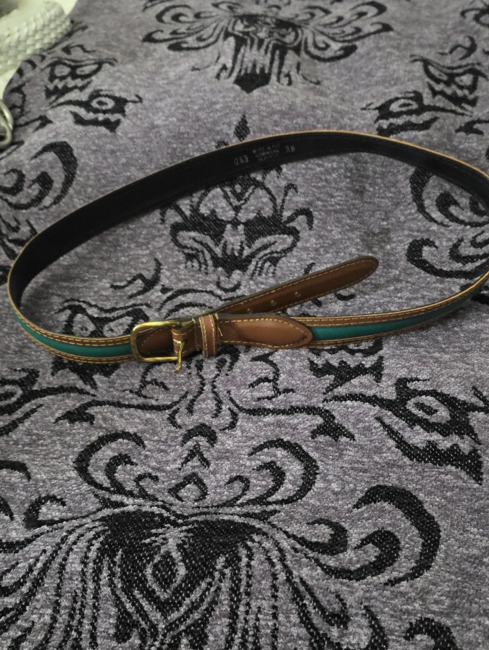 Vintage Teal and Brown Leather Trim Belt with Gold Buckle Very Good Condition